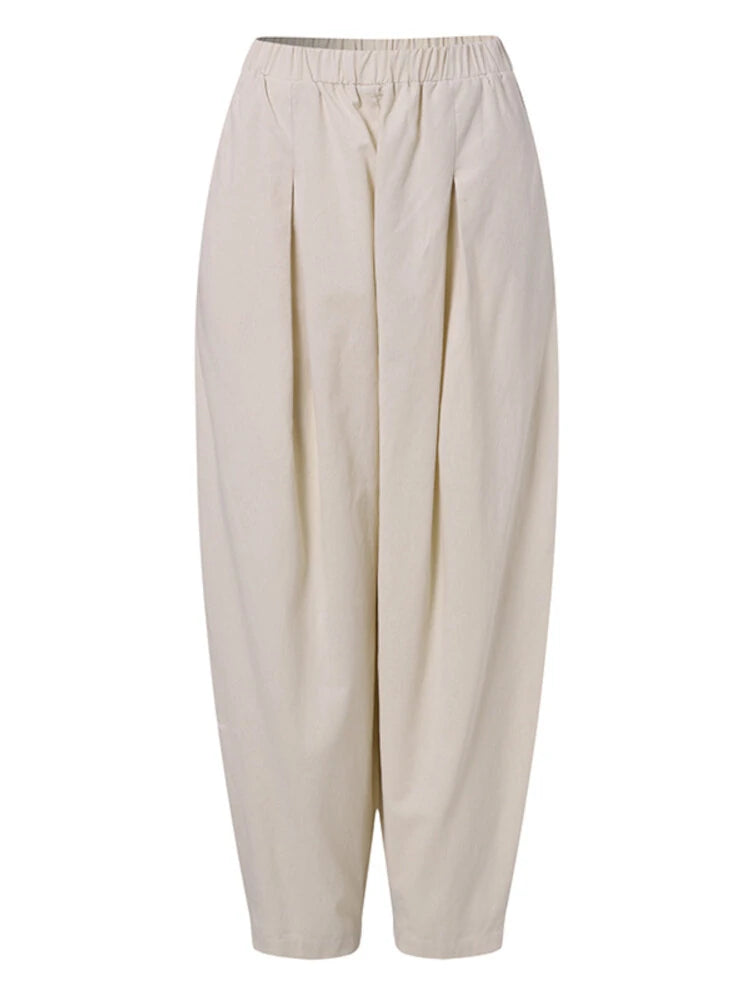 Women Loose 100% Cotton Ankle Length Solid Color Wide Legged Casual Pants