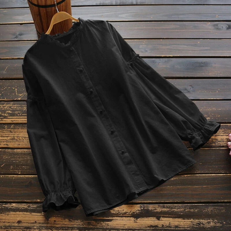 ZANZEA Women Long Sleeve Blouse Casual Solid Button Down Shirts Female Cotton Tops Chemise S-5XL, Spring Fall for Women Tops