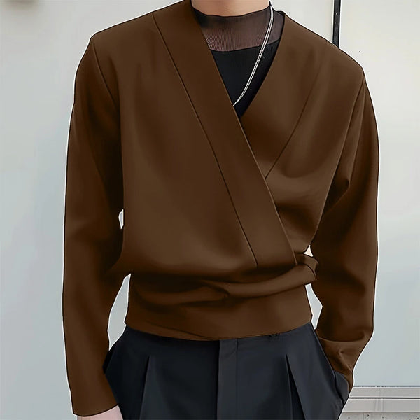 INCERUN Men V-neck Long Sleeve Shirts Comfortable Solid Color Daily Casual Tops for Men Large Size S-5XL