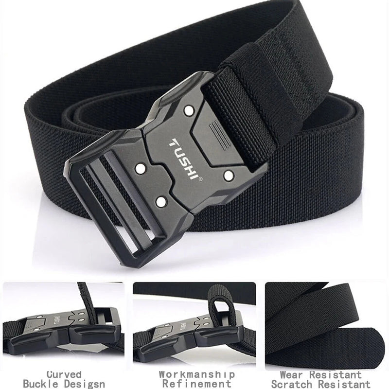 TUSHI 125cm Quick Release Tactical Belt Men Metal Buckle Nylon Elastic Girdle for Military Training Hiking Outdoor Work
