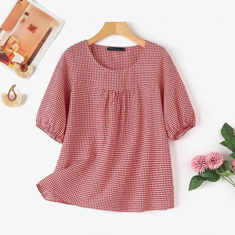 ZANZEA Women Plaid Blouses Shirt Trendy Casual Round Neck Top with Pleats Short Lantern Sleeves Shirt Loose Fit