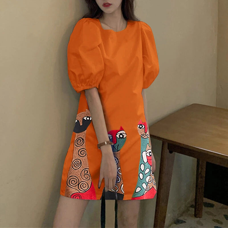 VONDA Women Bubble Short Sleeve Midi Dress Animal Print Cute Crew Neck Beach Dress Plus Size