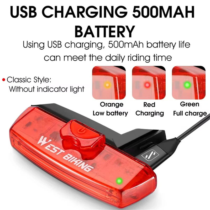 WEST BIKING 100LM Smart Brake Sensing Taillight Waterproof  USB Charging COB LED Bike Rear Light for Outdoor Road MTB Night Riding Safety
