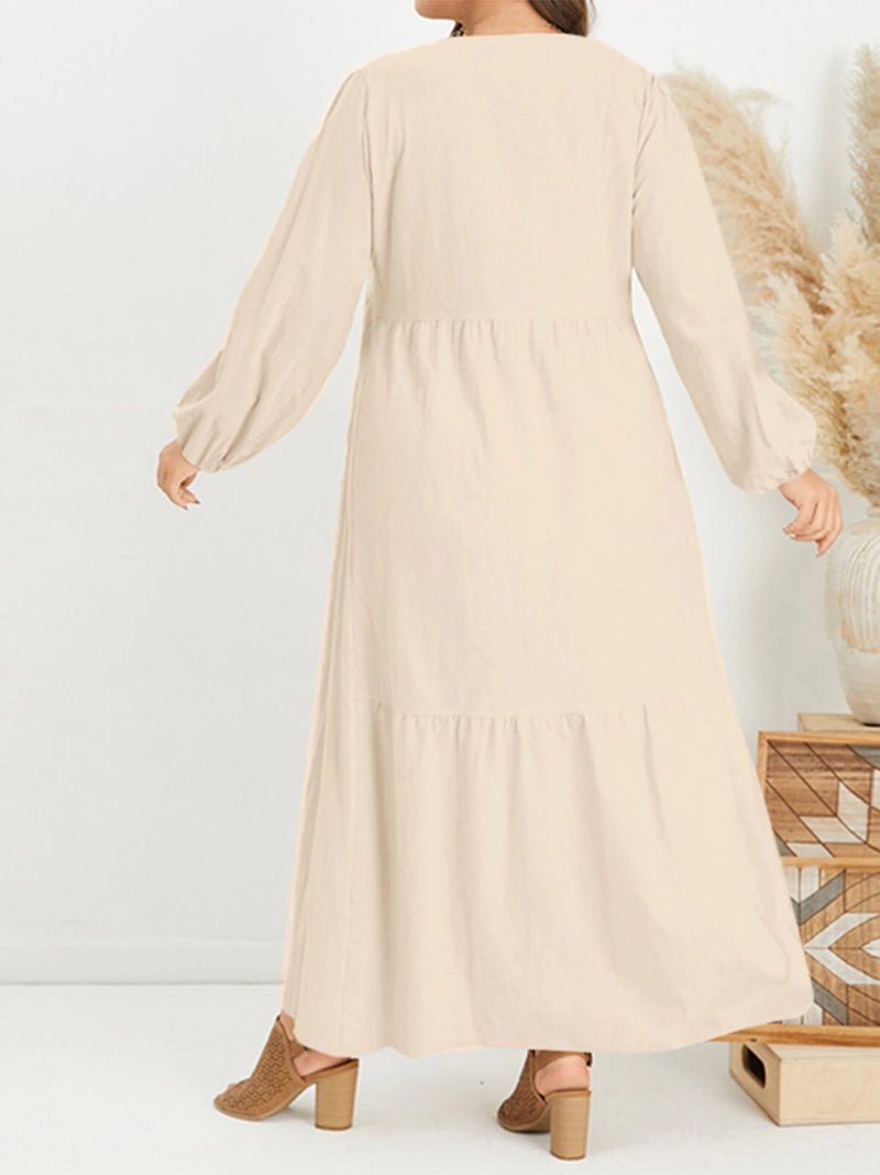ZANZEA Plus Size Women Long Dress Solid Color V-neck Long Sleeve Causal Maxi Dress
