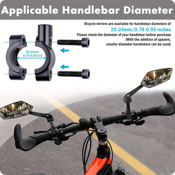 2pcs Bike Handlebar Mirrors For Bicycle Ebike Scooter Snowbike Adjuatable Wide Angle Rear View And 360 Rotatable Safety Galss Design