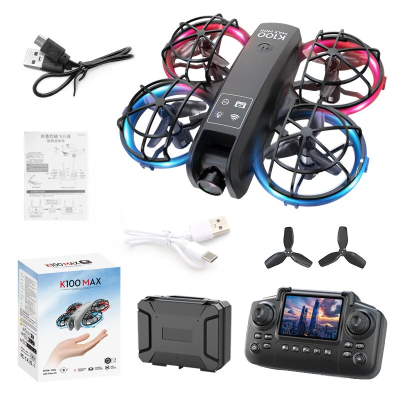 XKJ K100 MAX MINI WiFi FPV with LCD Screen Controller HD Dual Camera Optical Flow Hover Dazzling Lights Circle Protection Kids Gifts 2.4G 4CH 6-Axis Remote Control RC Toys Drone Quadcopter RTF