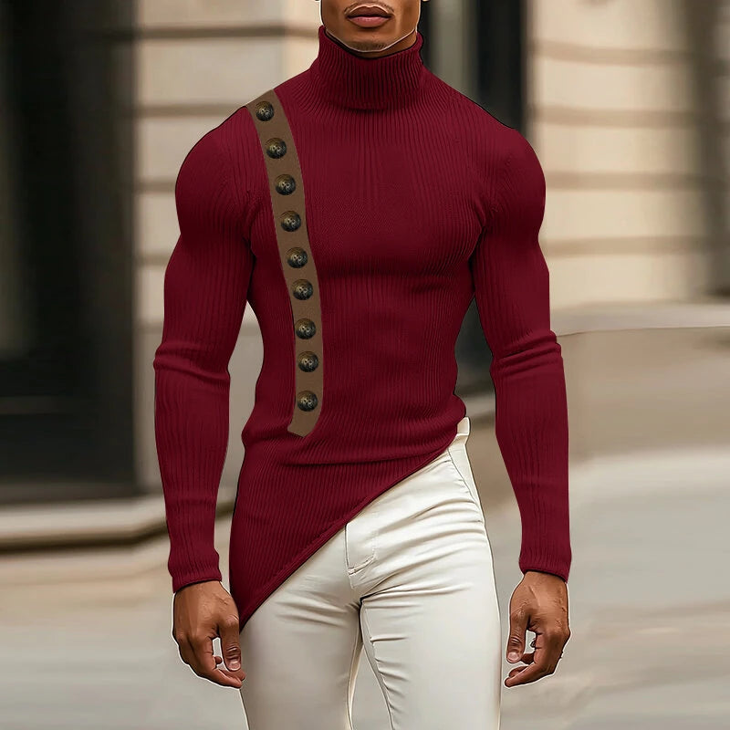 INCERUN Mens Button Patchwork Decorative Textured Long Sleeve Sweater Fashion Slim Fit High-collar Sweater for Male S 5XL