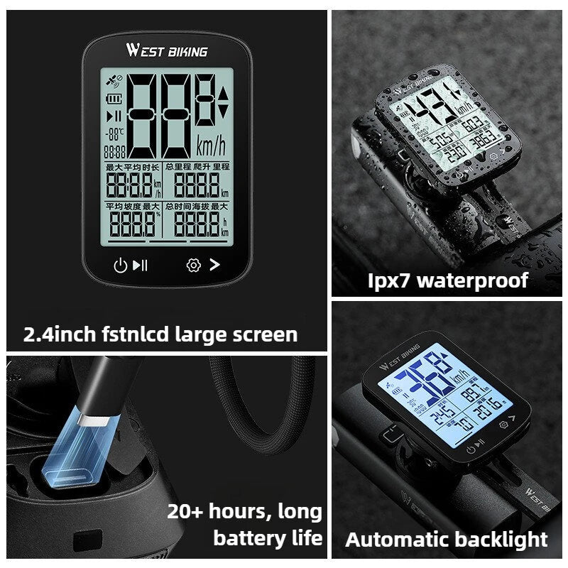 WEST BIKING XQ2 2.4'' GPS Wireless Bike Computer Auto Backlight IPX7 Waterproof Type-C Charge Speedometer for MTB Cycling