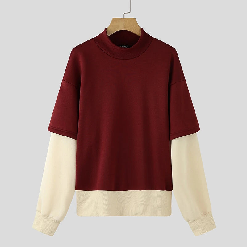 INCERUN Mens False Two-Piece Patchwork Long-Sleeve Pullover Hoodies Comfy Crew Neck Top for Male