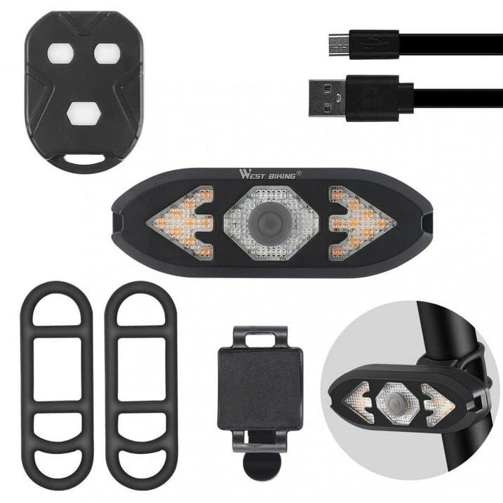 West Biking Smart 2-in-1 Bicycle Rear Light Wireless Remote Control 5 Light Modes Turn Signal Lights Bike bell horn Cycling Mini Taillight for Night Riding
