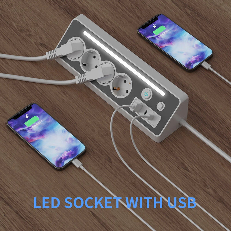 European Power Strip 4 Sockets with USB and Type-C Ports LED Light 3680W 250V 16A Flame Retardant PC Material 1.4m Cable
