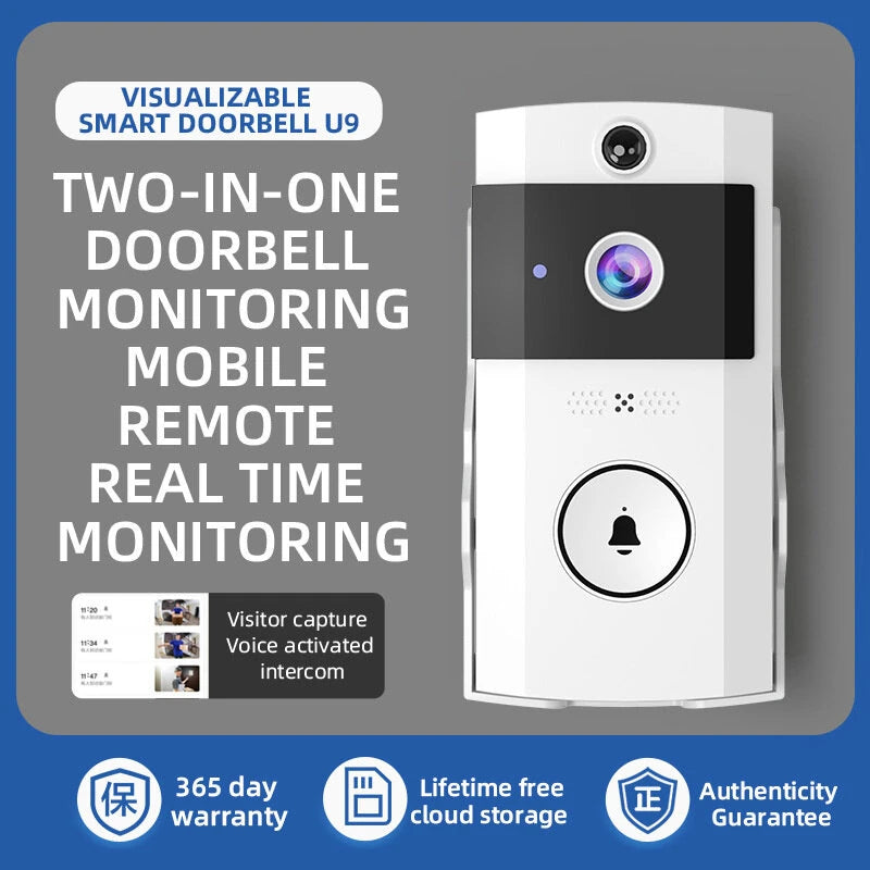 U9 Intelligent Visual Doorbell with Night Vision 720P HD Camera Two-Way Audio Solar-Powered Rainproof Cover PIR Motion Sensor Wi-Fi Real-Time Monitor