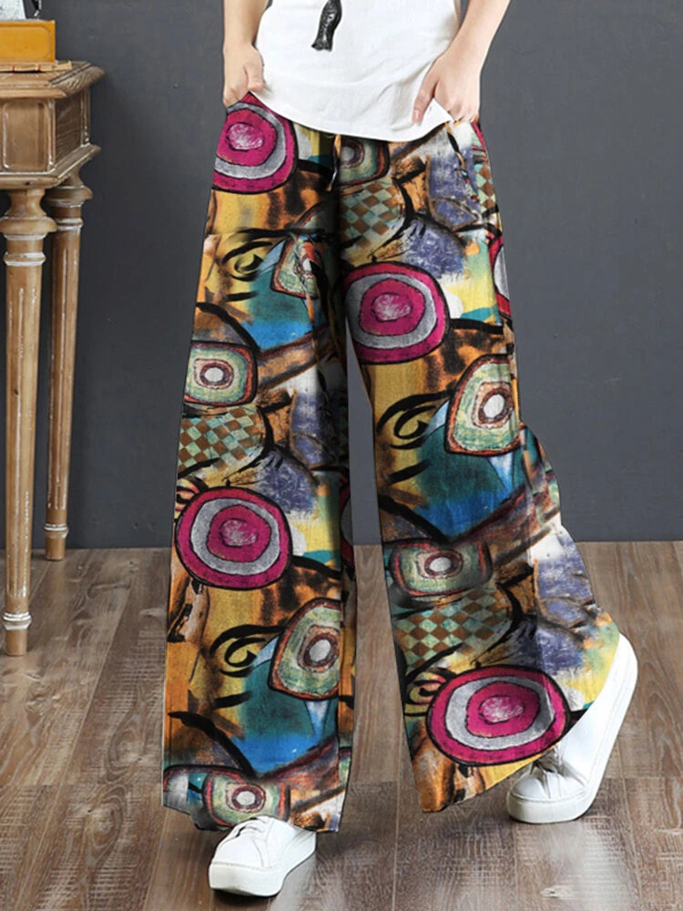 ZANZEA Women Plus Size  Flared Wide-Leg Floral Printed Retro Side Pockets Pants