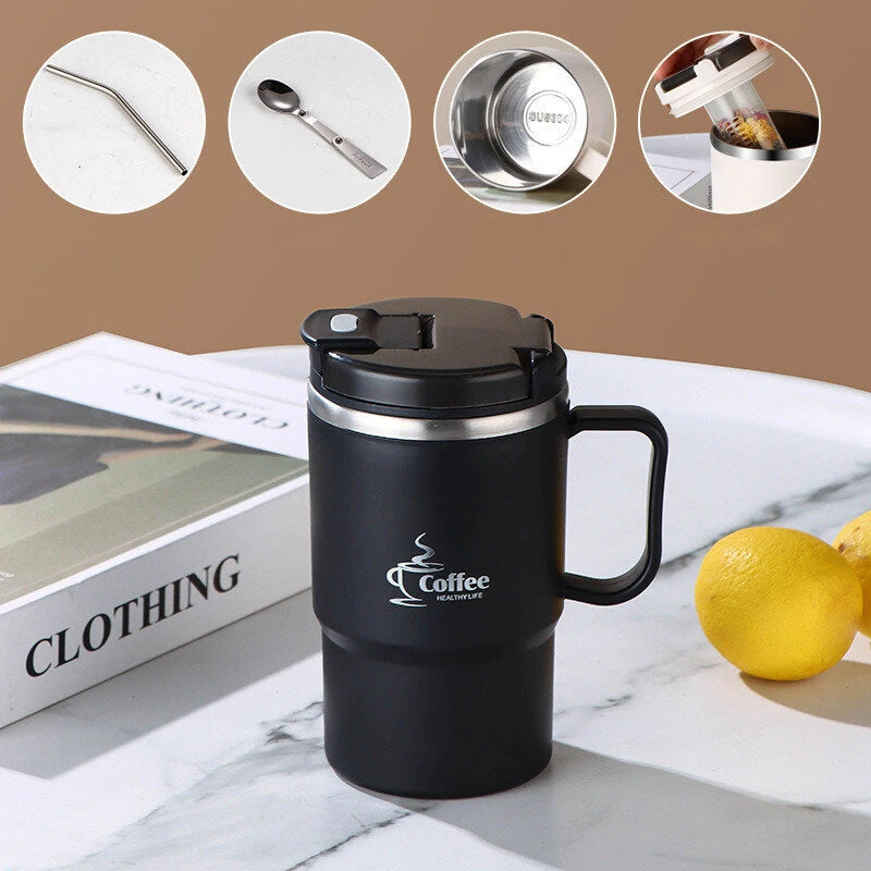 Double-Wall Coffee Office Mug 304 Stainless Steel Water Mug Cup With Spoon&Tea Strainer Leak Proof Anti Scalding Drinking Cup