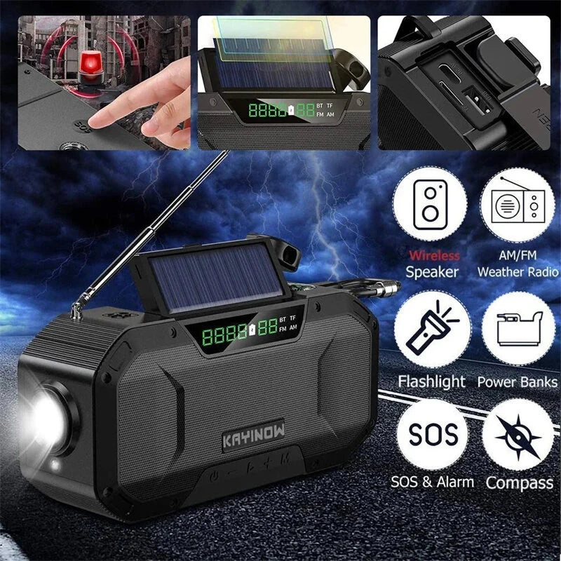 Portable Multifunctional Emergency Solar Hand Crank Radio 5000mAh Power Bank Cranker AM, FM, Compass, LED Flash Light Camping Radio Survival Kit Radio