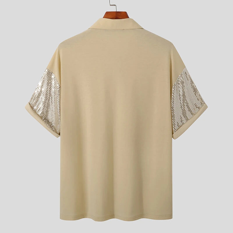 INCERUN Mens Sequin Sparkle Glitter Patchwork T-Shirt Fashion Short Sleeve Lapel Top Tshirt for Men