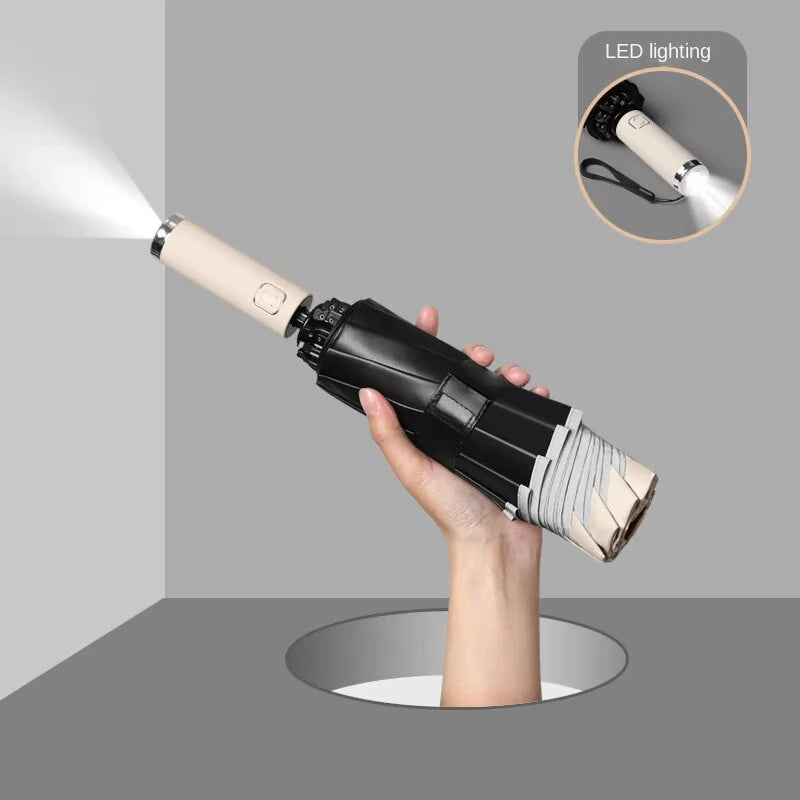 Automatic Folding Reverse Sun Umbrella Upgraded Windproof Design with Reflective Strip LED Light Convenient Handle Rainproof