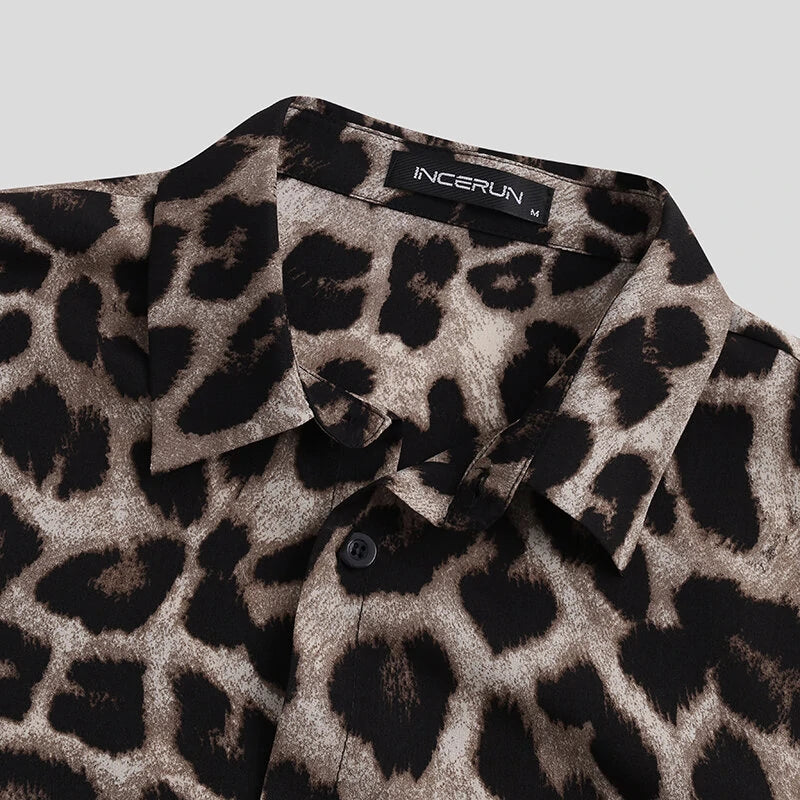 OUTDOOR Summer Leopard Print Shirts Fashion Men Short Sleeve Lapel Shirt Casual Floral Blouse Men Hawaiian Beach Tops