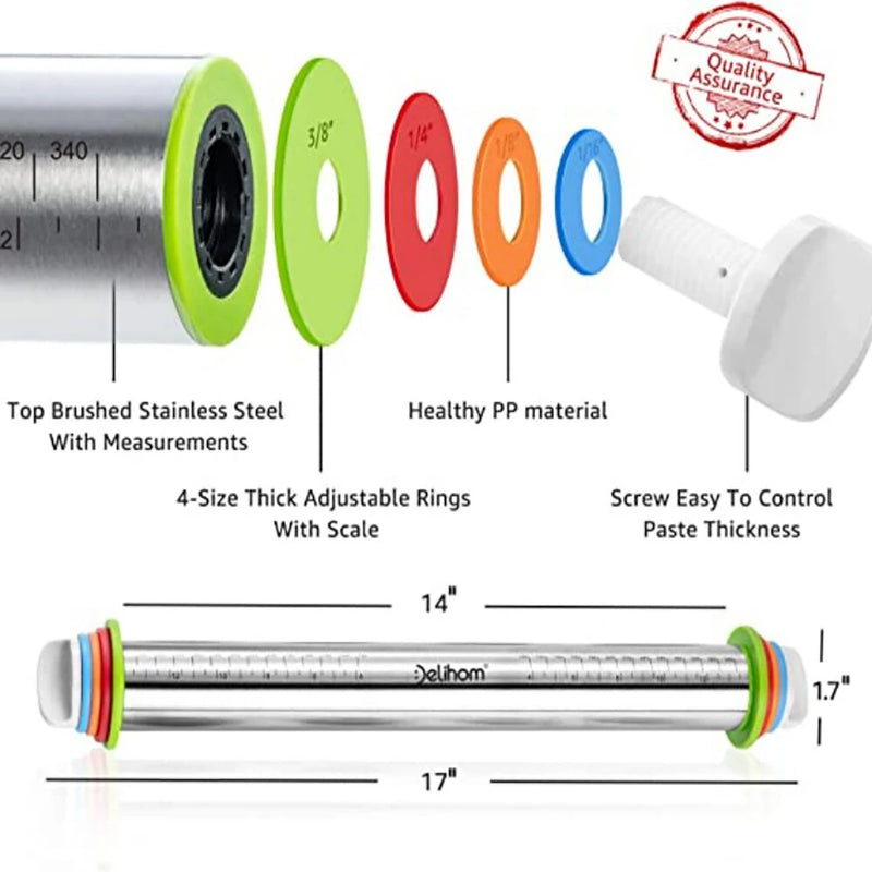 Rolling Pin Kitchen Tool Stainless Steel Adjustable For Baking Pasta Pizza Pie 4 Different Adjustable Thickness