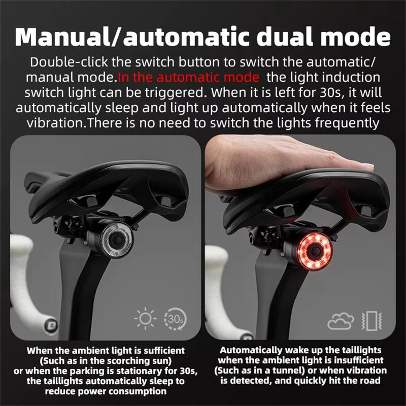 ROCKBROS Q1 MAX RGB Bicycle Taillight Vibration Sensor Smart Brake Sensing USB Charging Light Sensing Bike Rear Lights for Mountain Road Night Riding