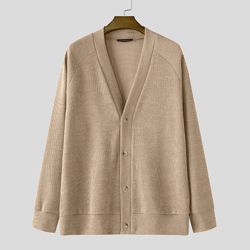 INCERUN Mens Knit V-Neck Long-Sleeve Cardigan Solid Color Comfortable Versatile Men Clothing Fashion Outwear