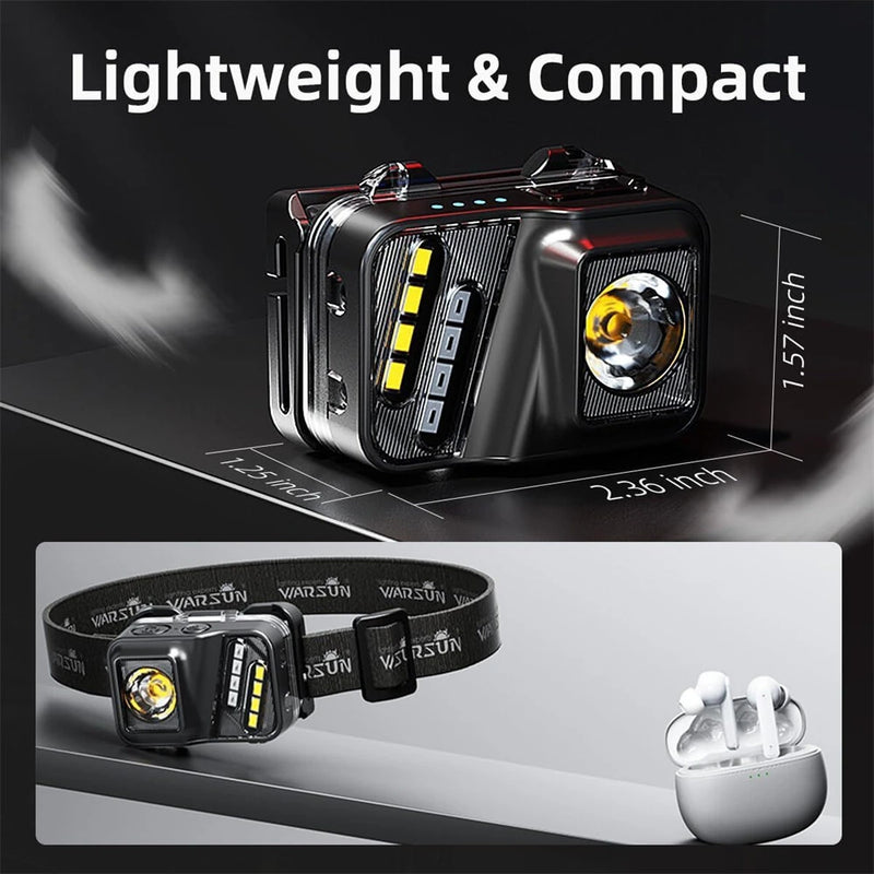 WARSUN 750 Lumens Rechargeable Lightweight Headlamp with Motion Sensor Running & Helmet Light LED Head Torch 5 Modes for Night Running Fishing Camping Cycling Work