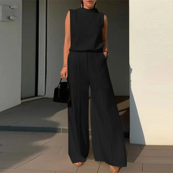 ZANZEA Women Vintage Casual Stand Neck Sleeveless Pleated Wide Leg Tops Trousers