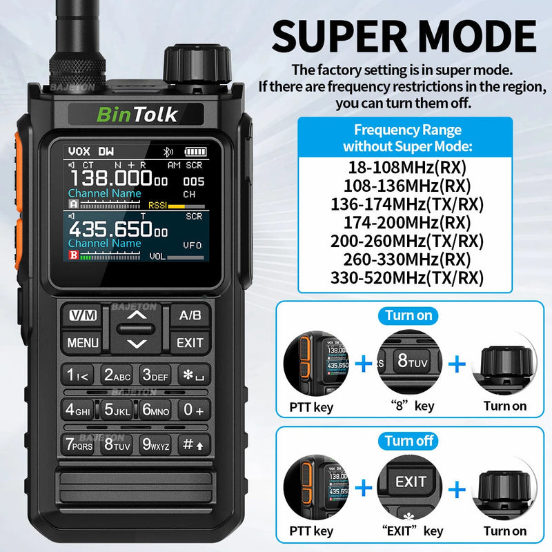 BinTolk BT7700 Walkie Talkie Multi Band Wireless Bluetooth Phone Programming Noise Reduction AM FM Type-C Charging Ham Radio for Outdoor Camping