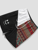 Mens Ethnic Geometric Funny Face Pattern Patchwork Corduroy Shorts