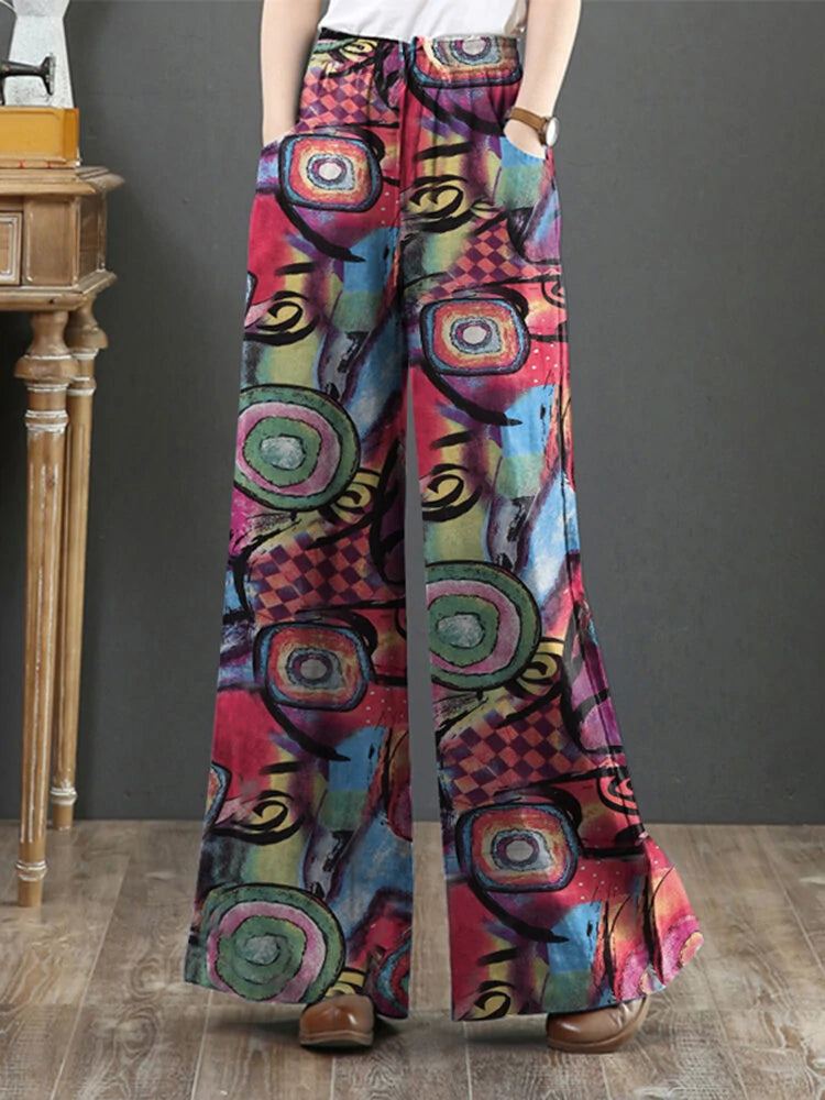ZANZEA Women Plus Size  Flared Wide-Leg Floral Printed Retro Side Pockets Pants