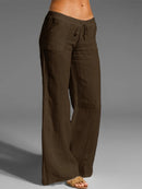 Wide Leg Women Loose Cotton Pure Color Elastic Waist Trousers Pants