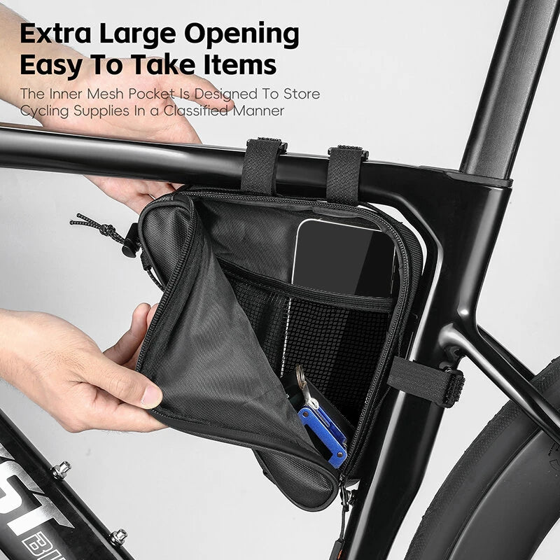 WEST BIKING 0.6L Bicycle Front Frame Triangle Bag With Mesh Pouch MTB Road Bike Waterproof Bottom Tube Bag Elastic Luggage Straps For Storage