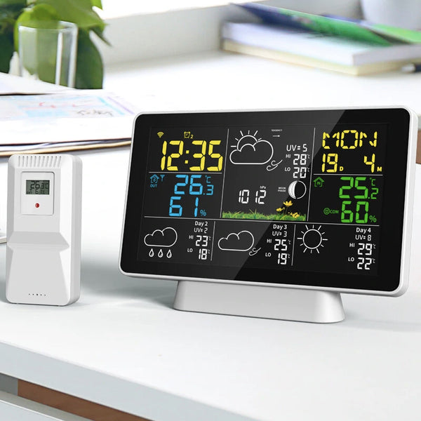 Tuya Wifi Wireless Weather Station Alarm Clock With 7.5 Inch Display / Atomic Clock / Weather Forecast / Outdoor Thermometer / Air Pressure / Moon Phase