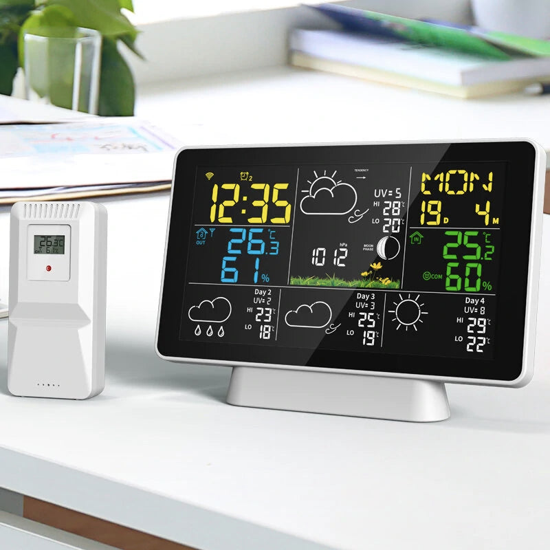 Tuya Wifi Wireless Weather Station Alarm Clock With 7.5 Inch Display / Atomic Clock / Weather Forecast / Outdoor Thermometer / Air Pressure / Moon Phase