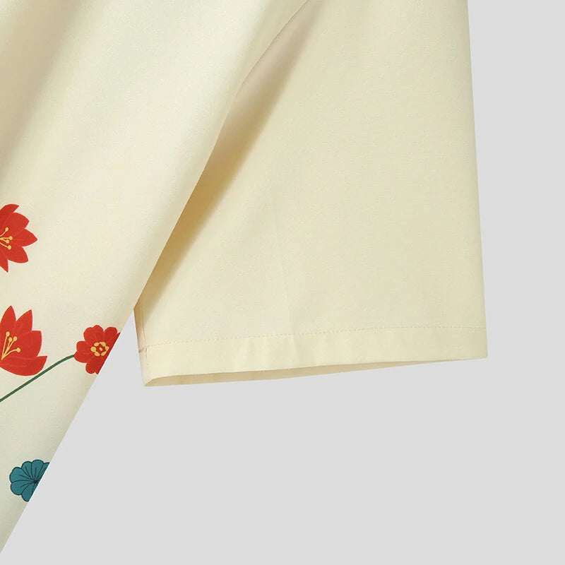 INCERUN Mens Shirts Fashion Floral Print Revere Collar Short Sleeve Shirt Summer Daily Beach Shirts