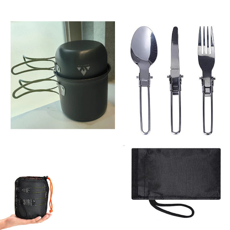 Lightweight Aluminum Alloy Camping Pot Hiking Picnic Tourist Tableware Set Outdoor Stove Pot Pan Plastic Bowl Outdoor Cookware