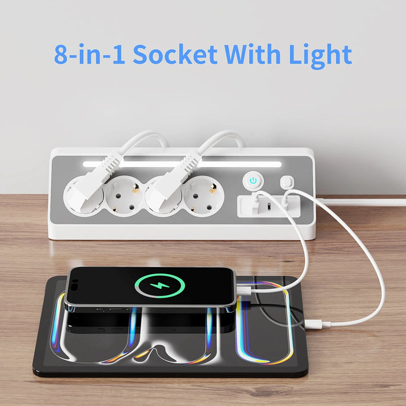 European Power Strip 4 Sockets with USB and Type-C Ports LED Light 3680W 250V 16A Flame Retardant PC Material 1.4m Cable