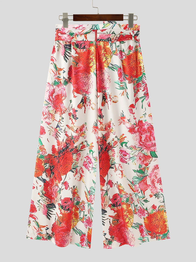 INCERUN Mens Pant High Rise Lace Up Long Trousers Fashion Flowers Print Wide Leg Pants Leisure Men Bottoms