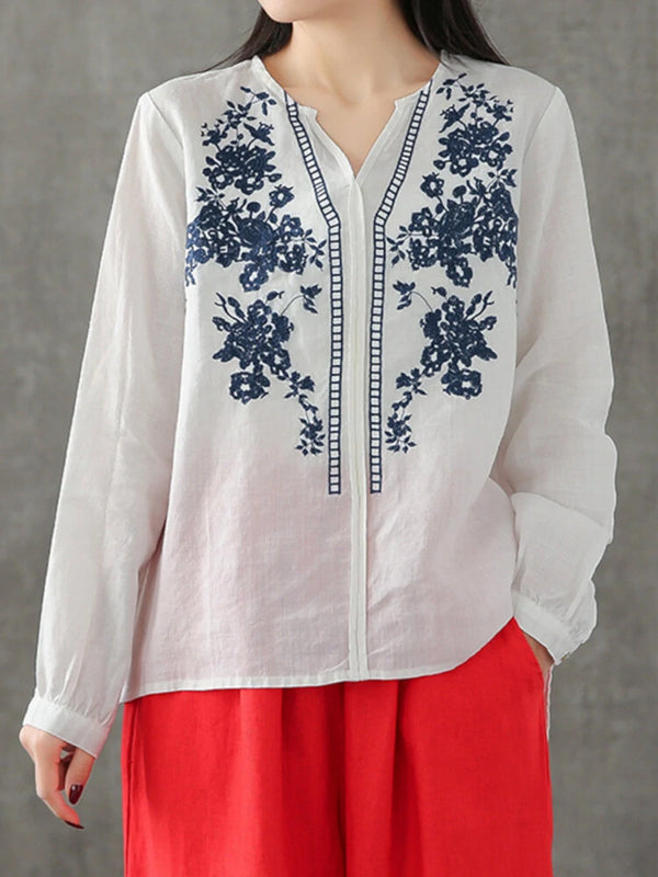 ZANZEA Plus Size Women Cotton Linen V-Neck Embroidery Patterns Casual Loose Blouse