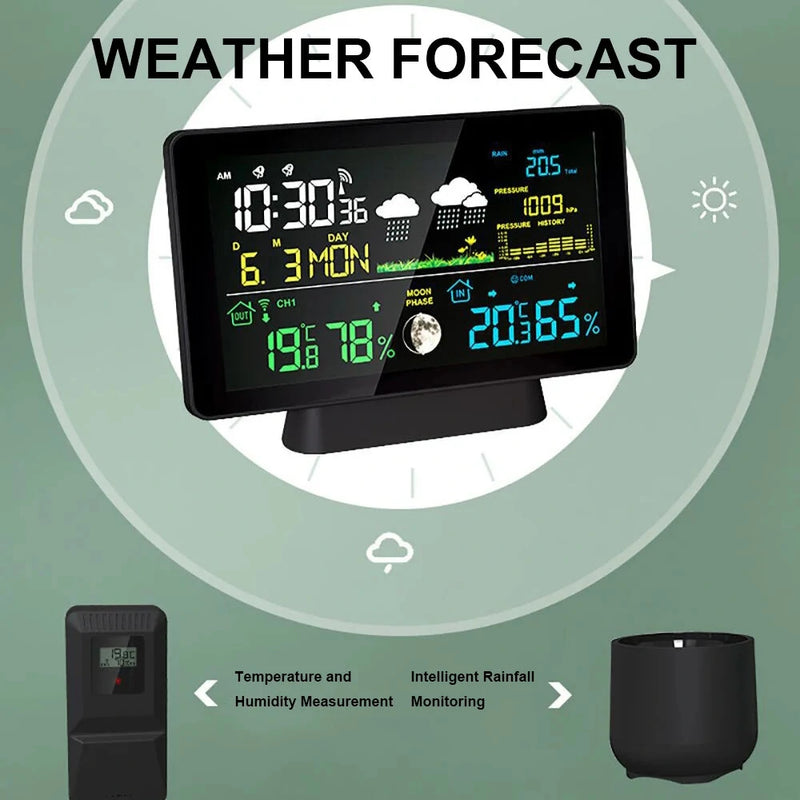 Multi-function Professional Weather Station Alarm Clock Wireless Indoor Outdoor Thermometer With Rain Gauge/ Temperature/  Humidity/ Rainfall Monitoring/ Atmospheric Pressure Intelligent Color Screen Clock