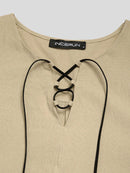 Mens Solid Lace-Up Neck 100%Cotton Long Sleeve T-Shirt