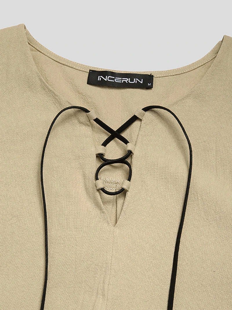 Mens Solid Lace-Up Neck 100%Cotton Long Sleeve T-Shirt