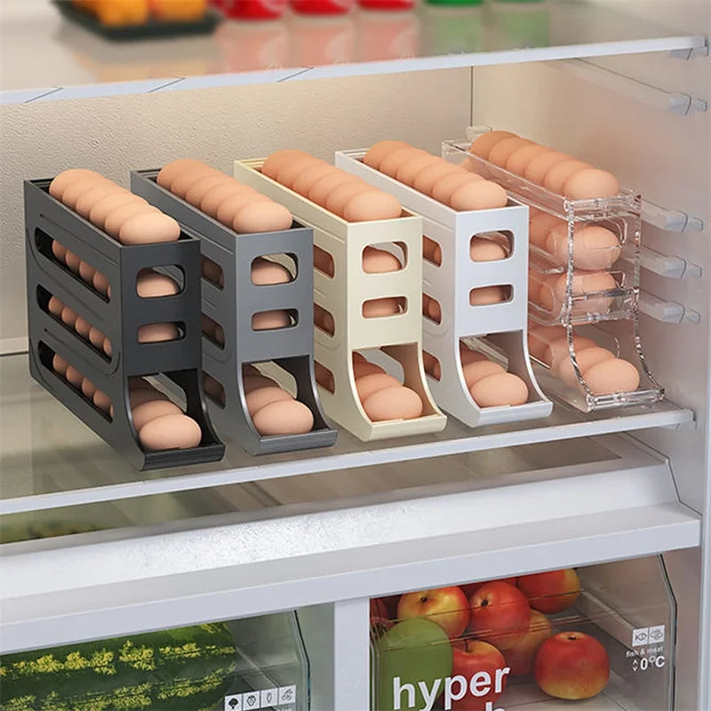 Automatic Scrolling Egg Rack Holder High Capacity Storage Box with Individual Egg Recess for Fresh Keeping and Organization in Kitchen Fridge Freezer