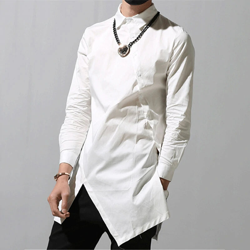 Men Solid Color Asymmetric Hem Long Sleeve Lapel Collar Shirt