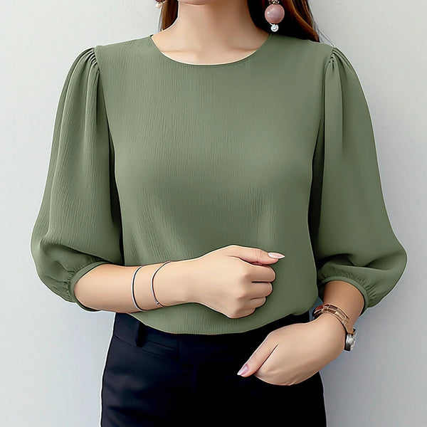 ZANZEA Women's Blouse Casual Lantern Sleeve Round Neck Shirt Plain Party Commute Pullover Tops