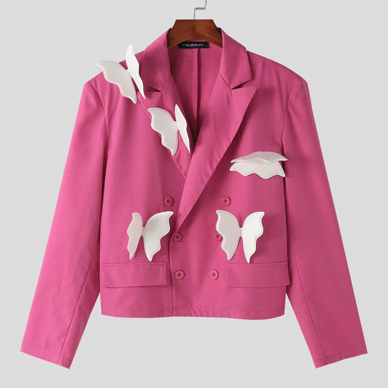 INCERUN Men Blazer Stylish Butterflies Design Long Sleeve Suit Jacket for Fashion-Forward Party Male Top Clothing