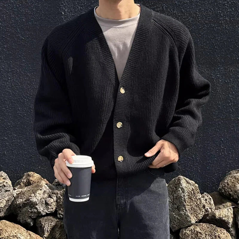 INCERUN Mens Knit V-Neck Long-Sleeve Cardigan Solid Color Comfortable Versatile Men Clothing Fashion Outwear