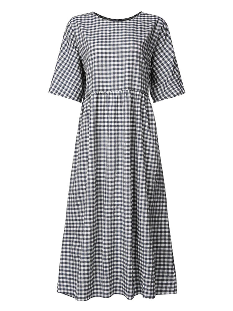ZANZEA Plus Size Women Long Dress Casual Loose Plaid Print O-Neck Half Sleeve Beach Maxi Dress