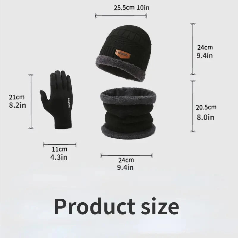 3pcs/set Women Men Winter Hat and Glove Sets Warm Knit Hat Snow Ski Skull Cap with Visor and Touch Screen Mittens Texting Gloves Set