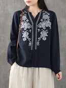 ZANZEA Plus Size Women Cotton Linen V-Neck Embroidery Patterns Casual Loose Blouse